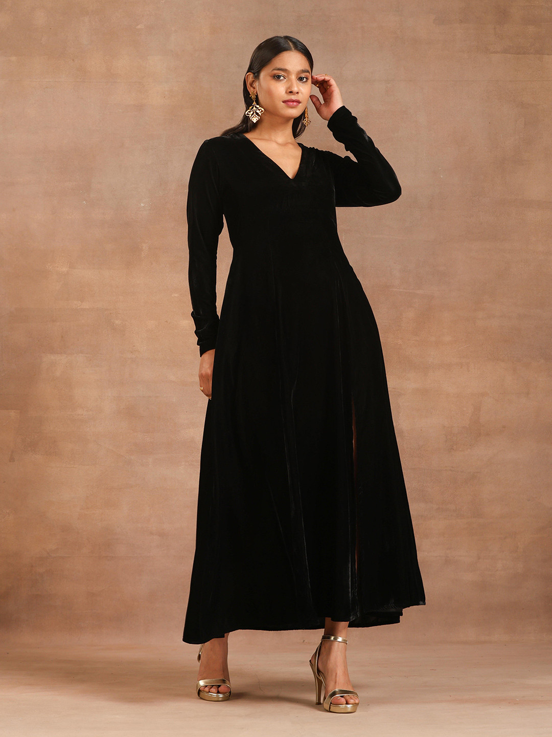 trueBrowns Self Design V-Neck Cut-Out Velvet Maxi Dress