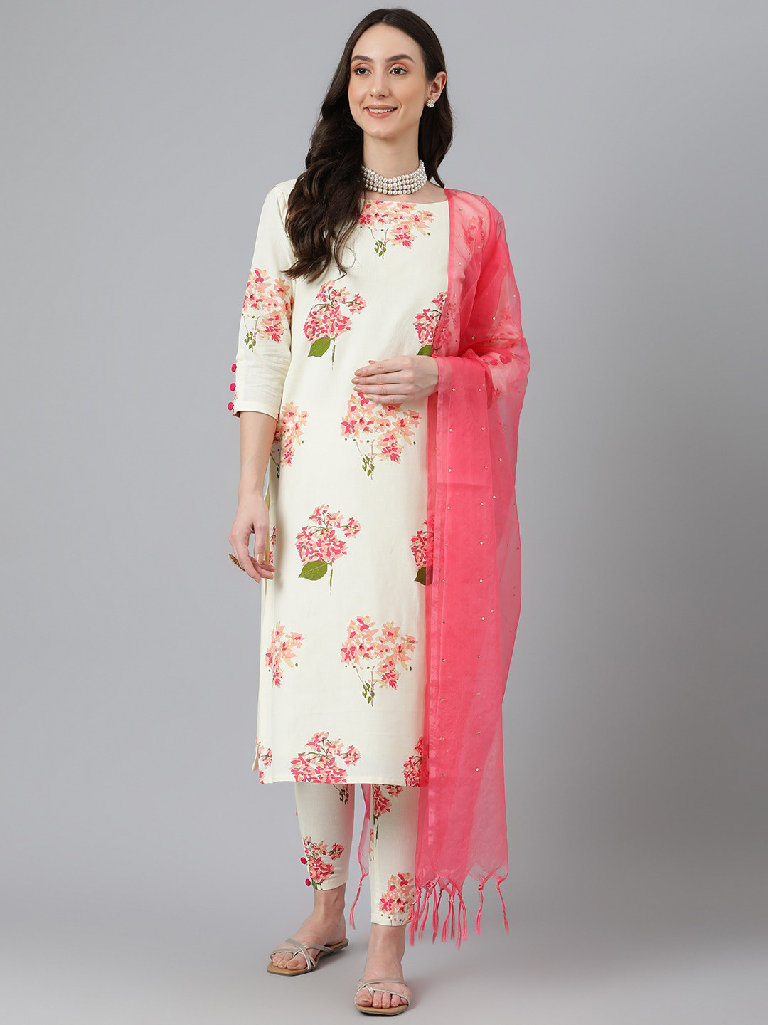 Vinya Floral Printed Straight Kurta with Trousers & Dupatta