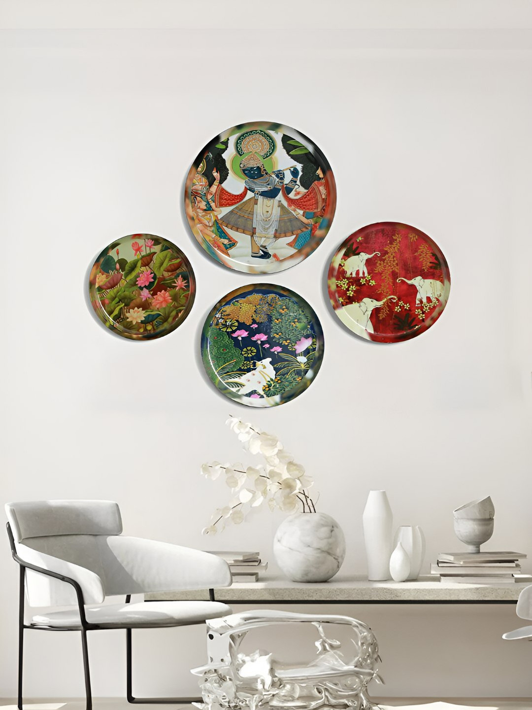Homspurts Wall Plates Metal Floral Glossy Hanging Hall 4Pcs -10In
