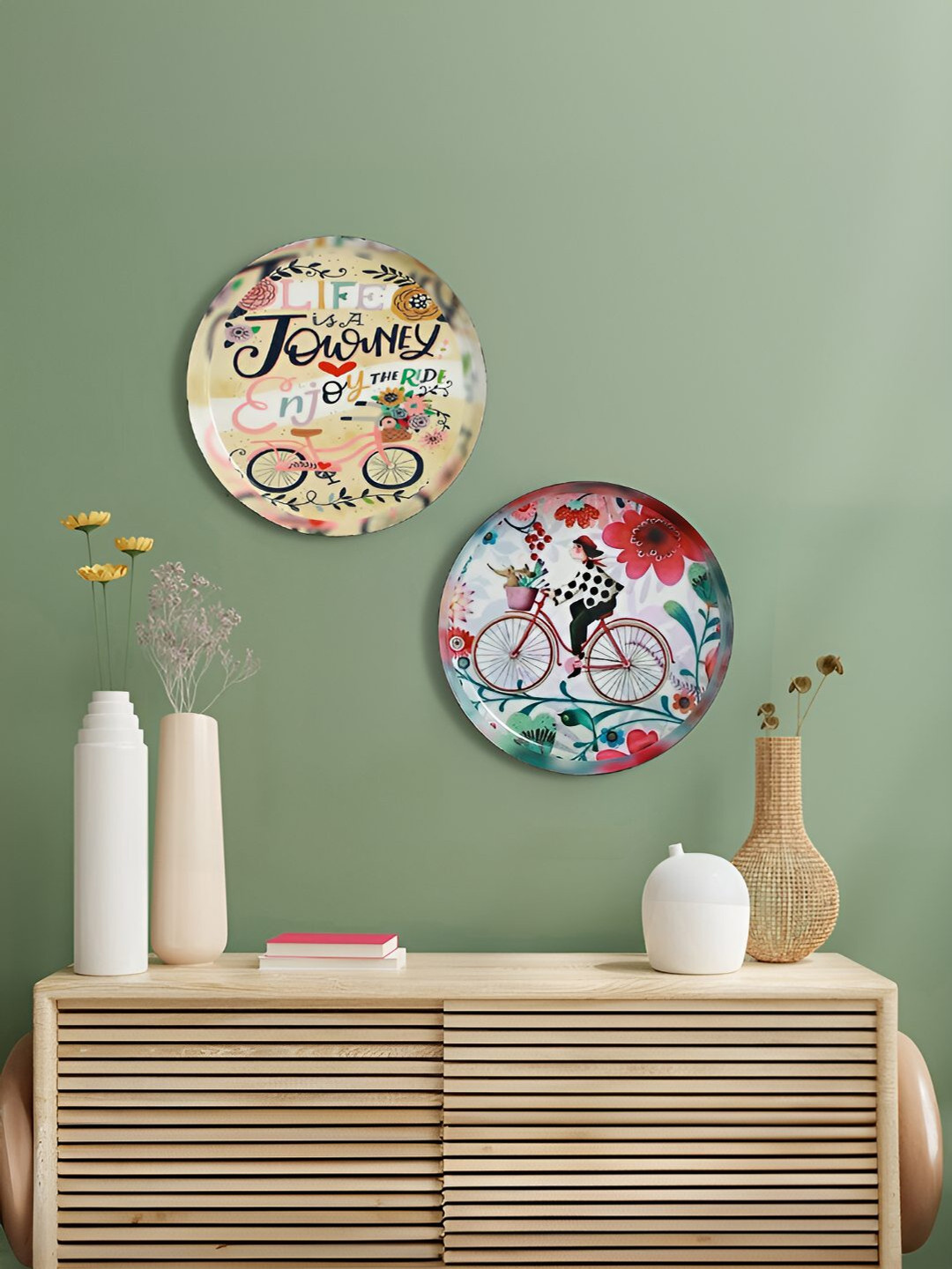 Homspurts Metal Floral Glossy Hanging Hall 2Pcs Wall Plates-10In