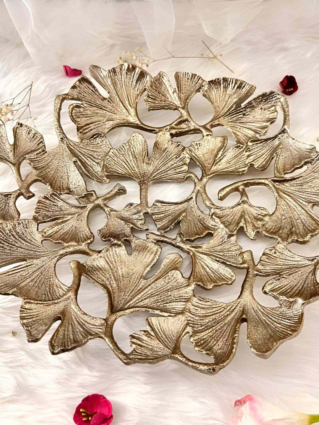 Timaya's Decor Brown Leaf Patterned Alluminium Decorative Tray
