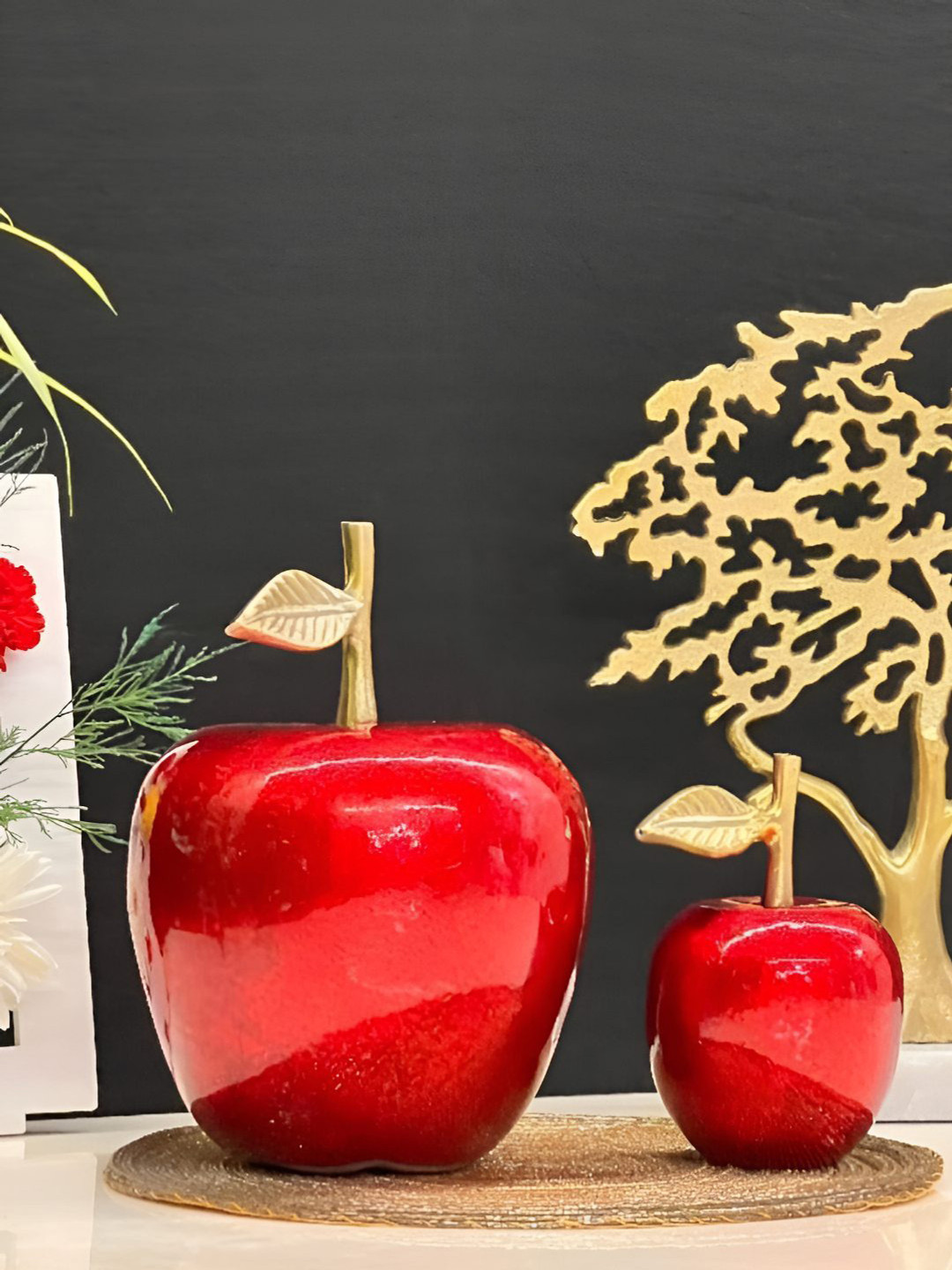 Timaya's Decor Blushing Apple Set Red Metal Metallic Living Room Set of 2 Small Showpieces - 6.9 Inches