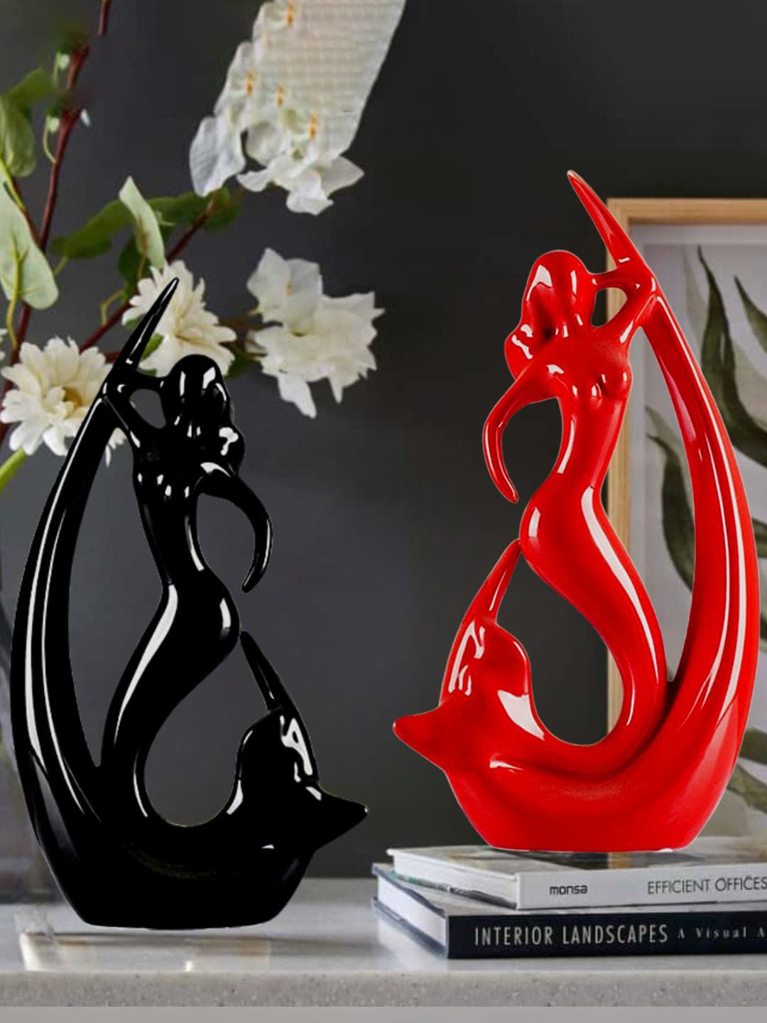 Mariner's Creation Modern Art Fish Angel Red Ceramic Glossy Home Office Set of 2 Medium Showpieces - 11 Inches