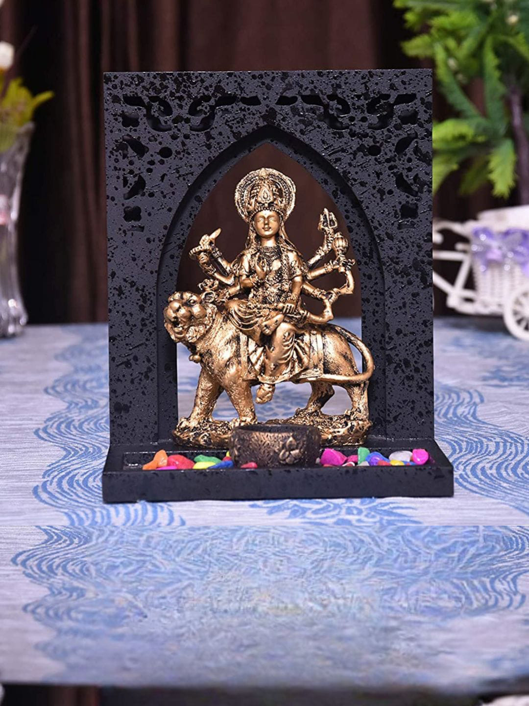 Mariner's Creation Durga with Temple Black Polyresin Glossy Prayer Room Medium Showpiece - 9.1 Inches