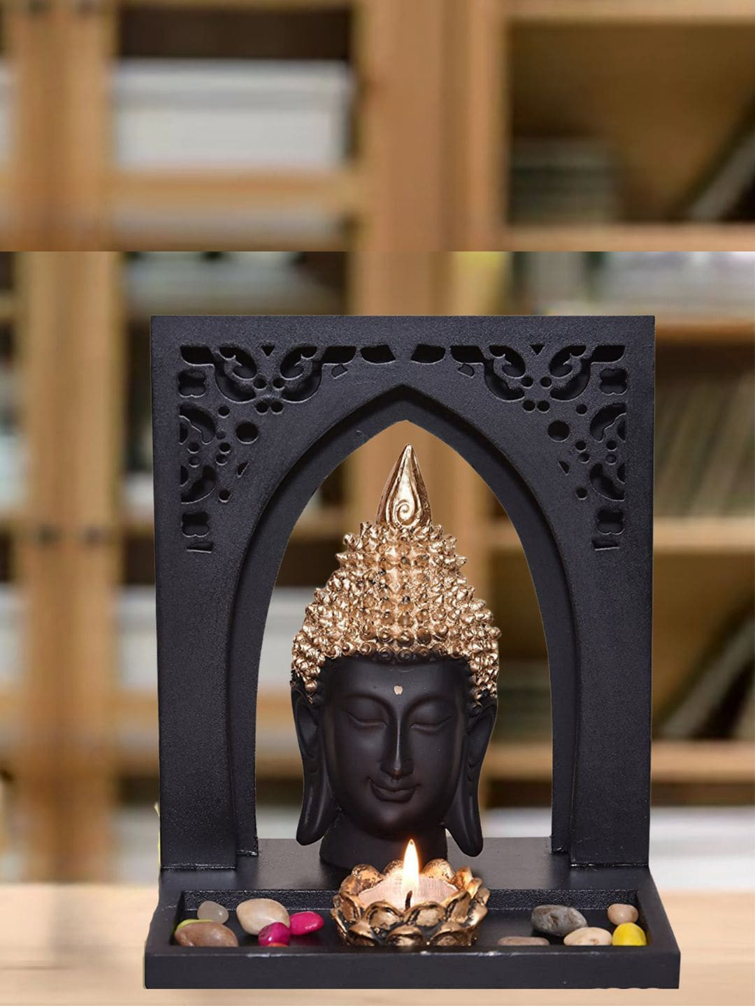 Mariner's Creation Buddha with Temple Black Polyresin Matte Living Room Medium Showpiece - 9.1 Inches