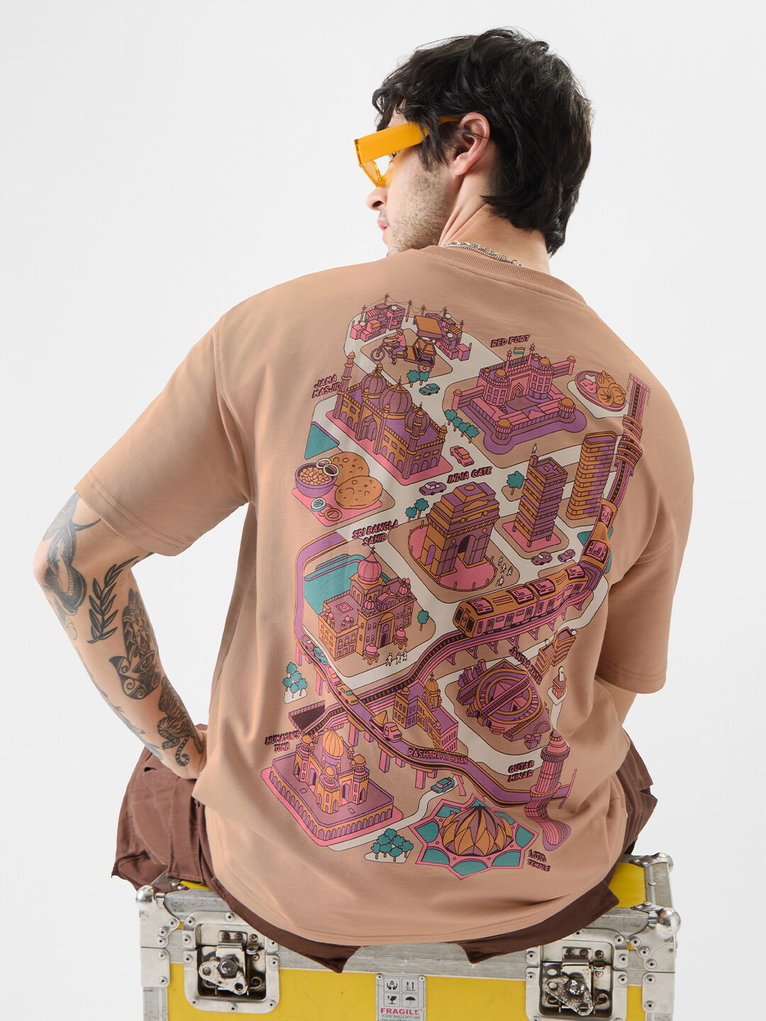 The Souled Store Men Brown People and Places Printed Pure Cotton Oversized T-shirt