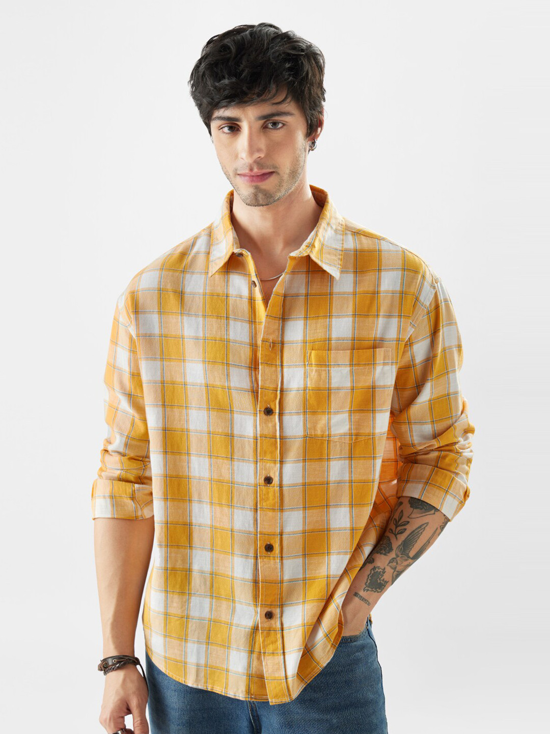 The Souled Store  Men Plaid: Amber Gold Multicolor Relaxed Fit Shirts