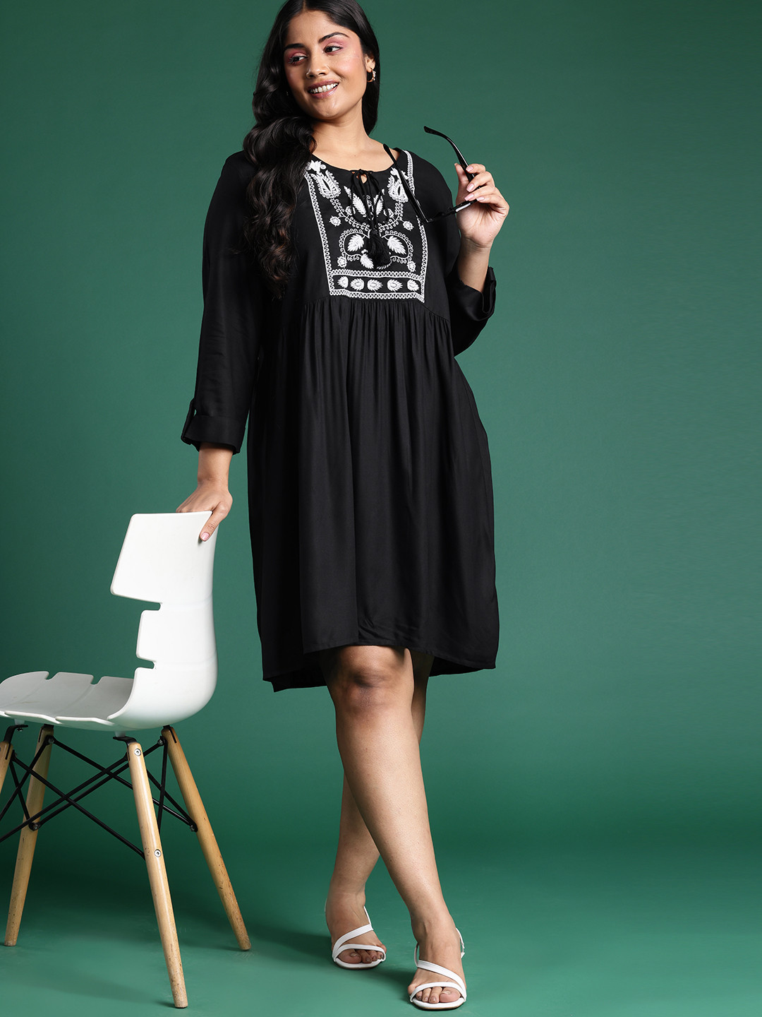 DressBerry Curve Plus Size Floral Embroidered Tie-Up Neck A-Line Dress