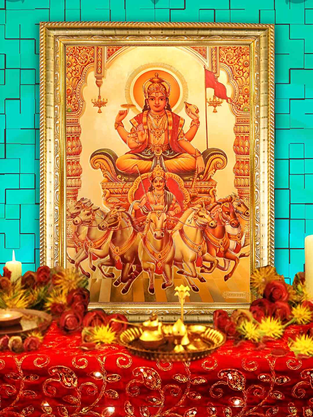 Hawai Gold-Toned & red 24k Gold Plated Hawai Lord Surya Dev Wooden Wall Photo Frame
