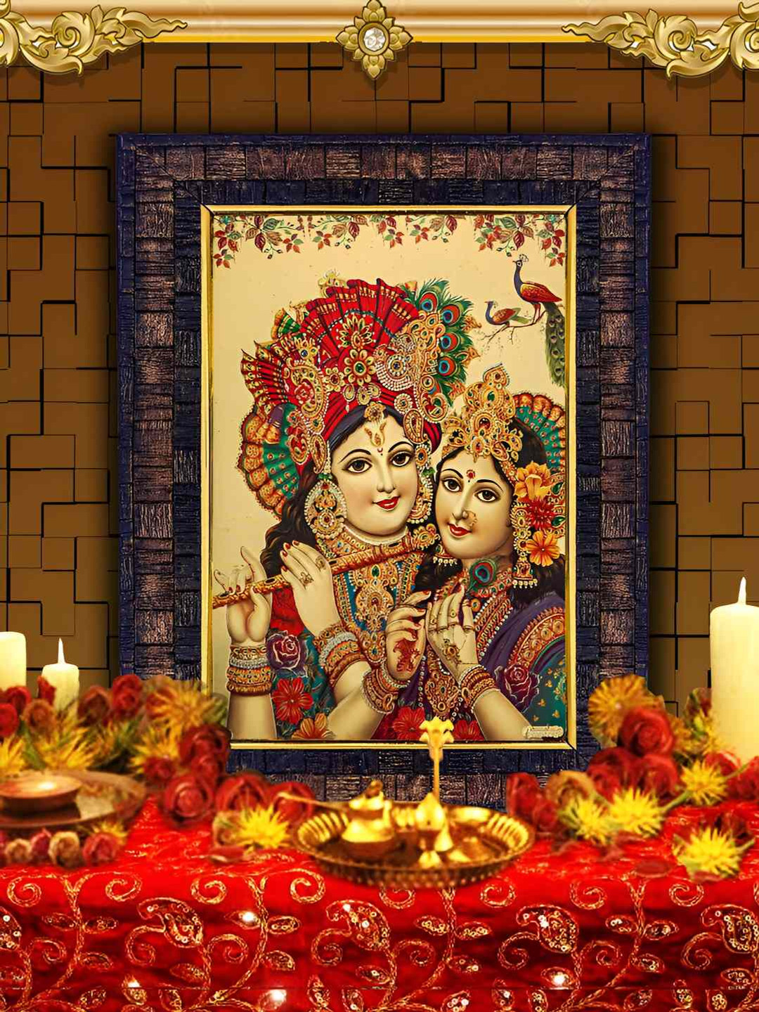 Hawai Black & Red 24k Gold Plated Hawai Shree Radha Krishna Wooden Wall Photo Frame