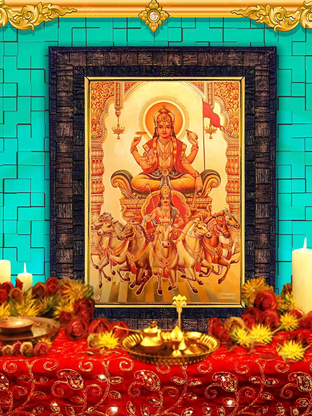 Hawai Black & Brown Lord Surya Dev Gold Plated Wooden Wall Photo Frame