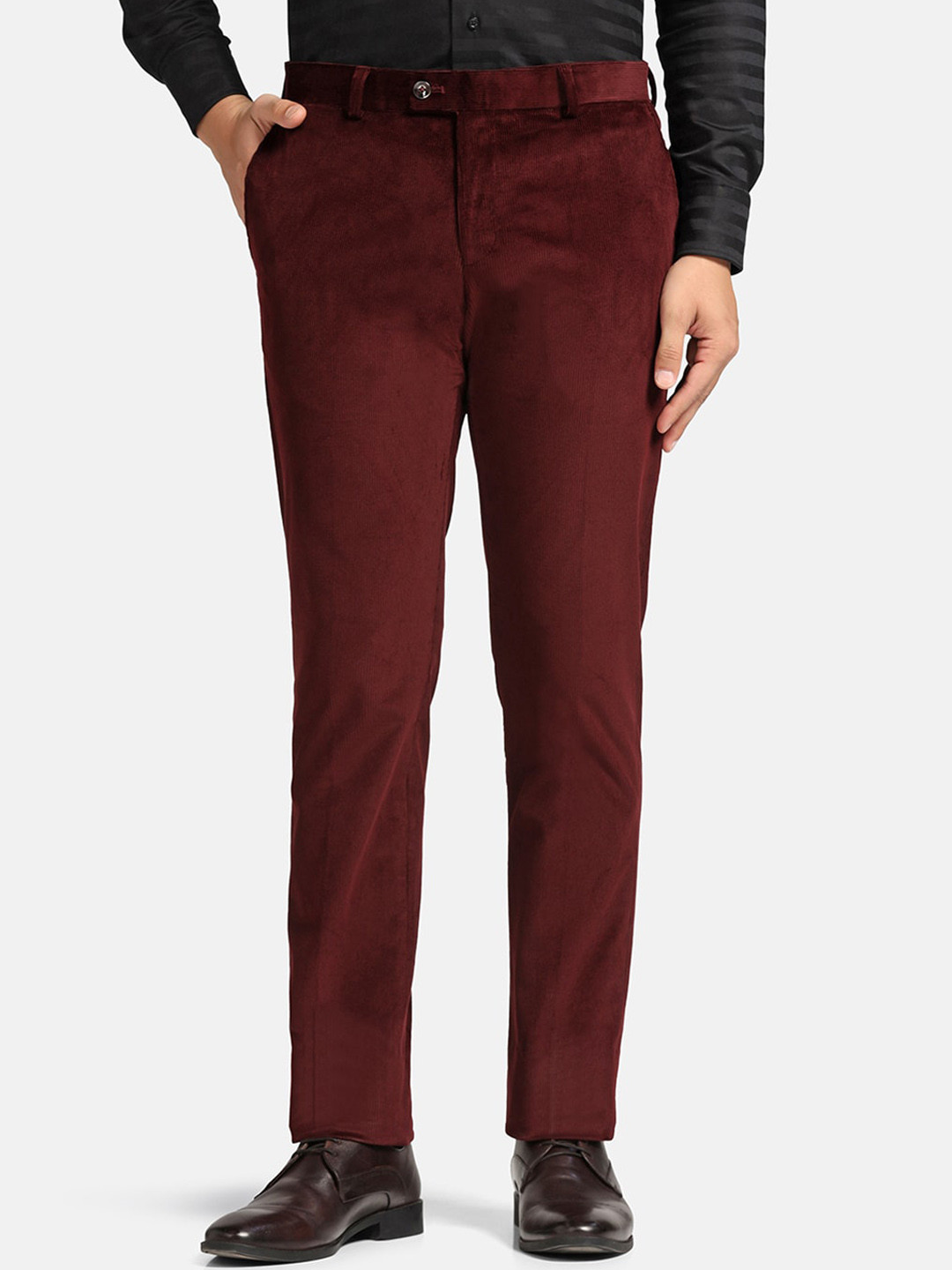Blackberrys Men B-95 Mid-Rise Corduroy Easy Wash Cotton Formal Trousers