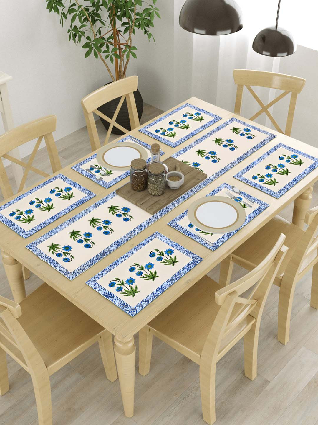 BLOCKS OF INDIA Blue & Beige 7 Pcs Ethnic Motifs Printed Cotton Table Linen Sets