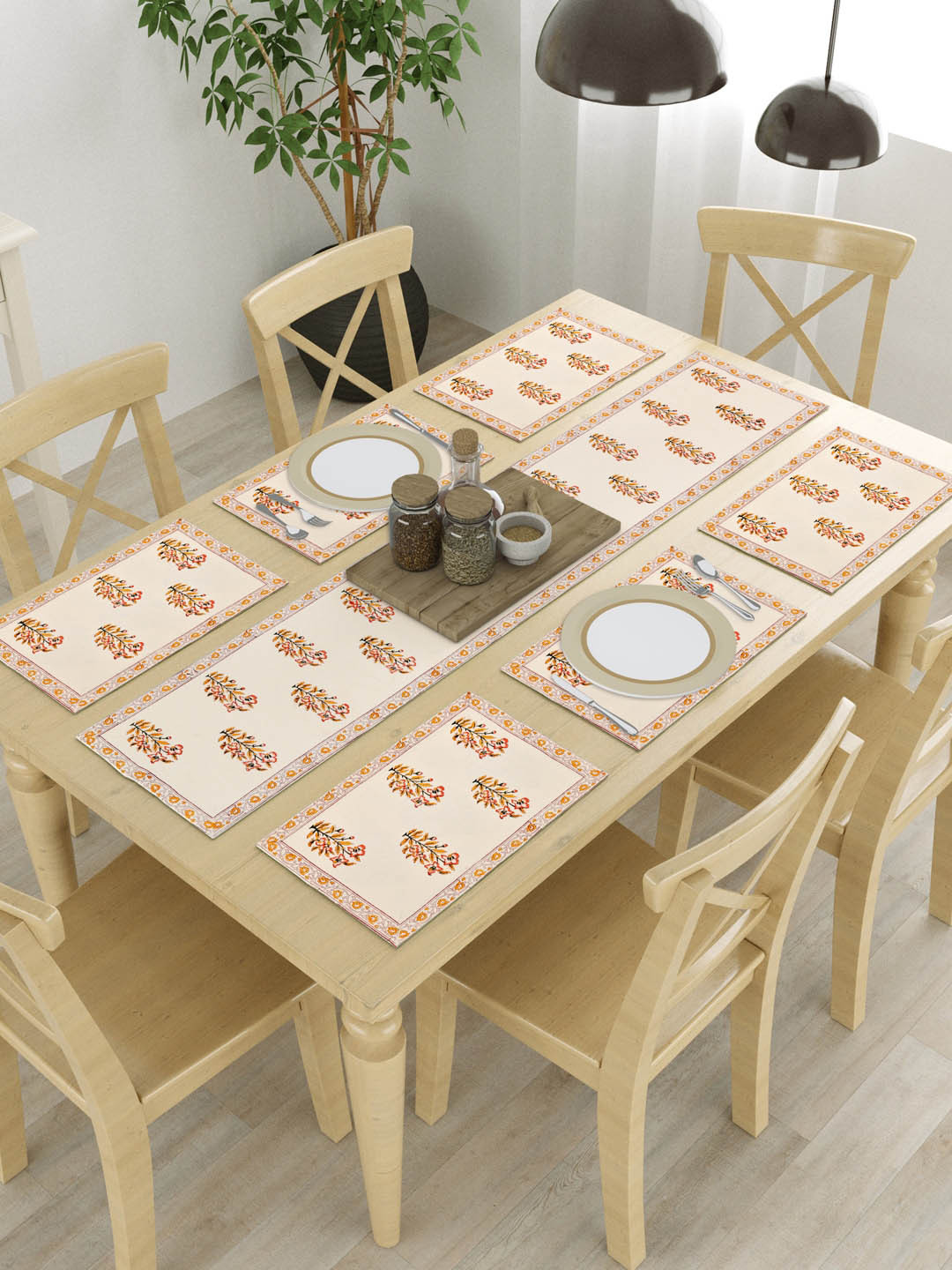 BLOCKS OF INDIA 7 Pcs Beige & Orange Block Print Pure Cotton Table Placemats & Runner