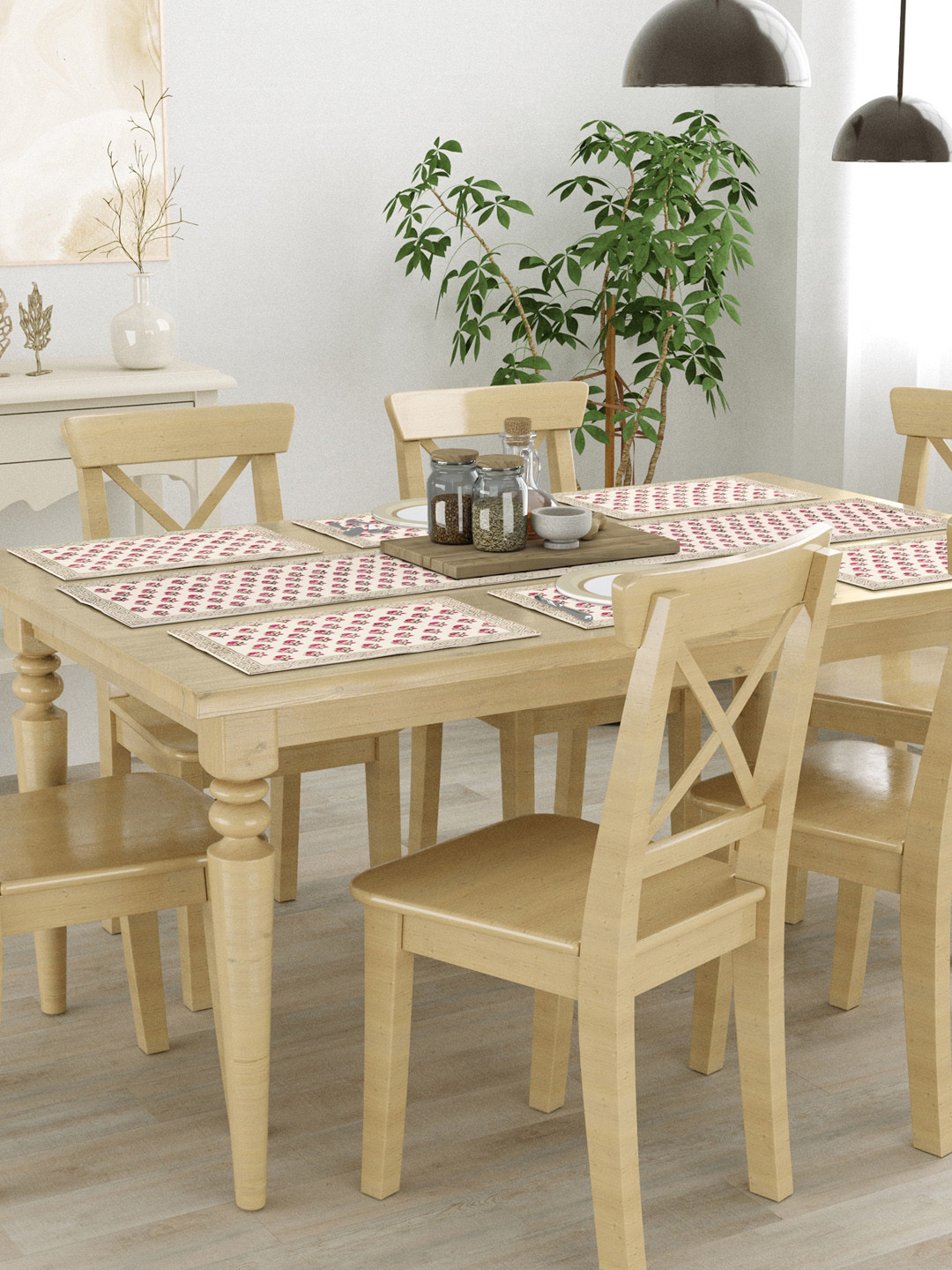 BLOCKS OF INDIA Pink & Beige 7 Pcs Floral Printed Cotton Table Linen Sets