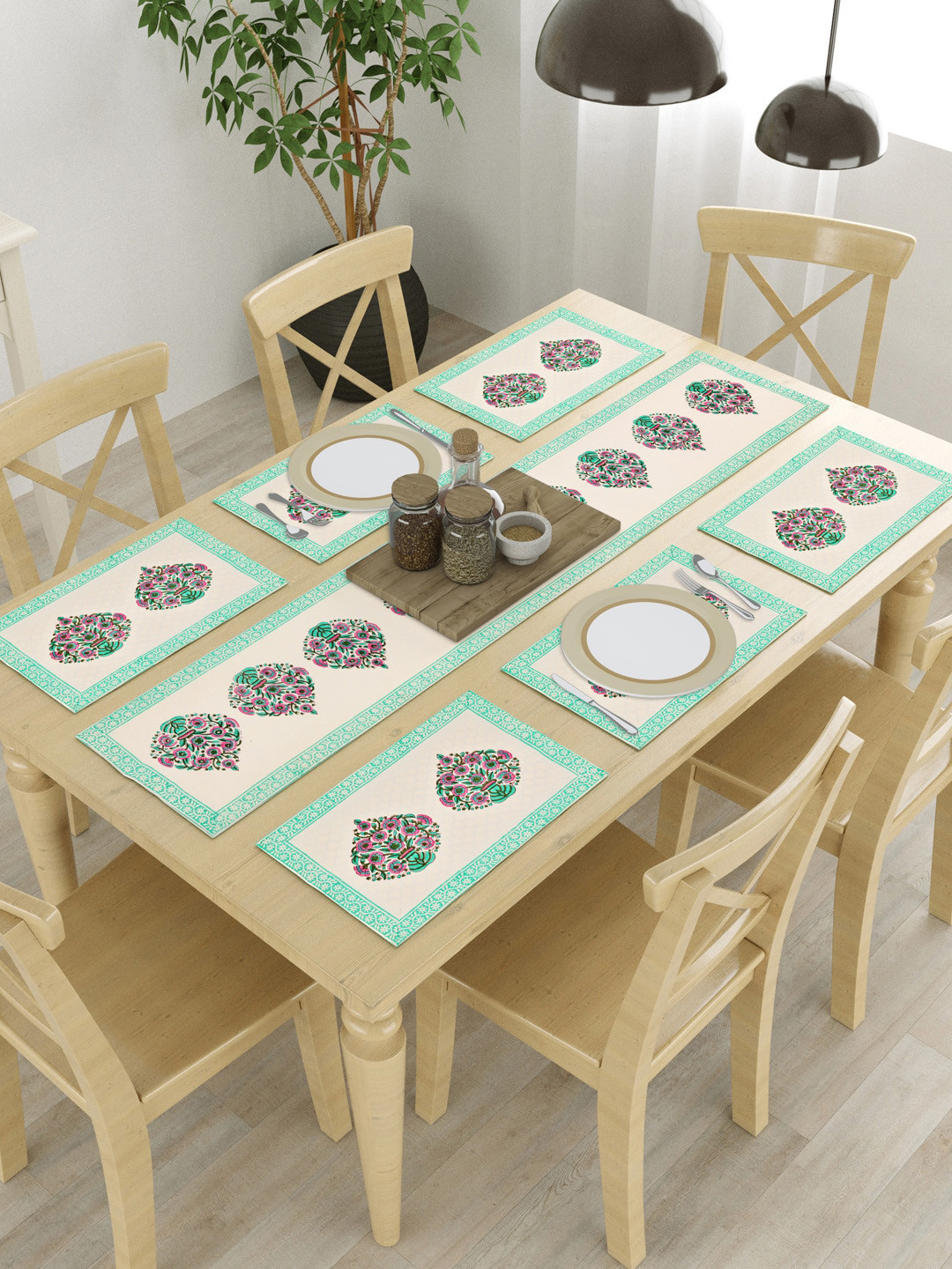 BLOCKS OF INDIA Turquoise Blue & Beige 7 Pcs Ethnic Motifs Printed Cotton Table Linen Sets