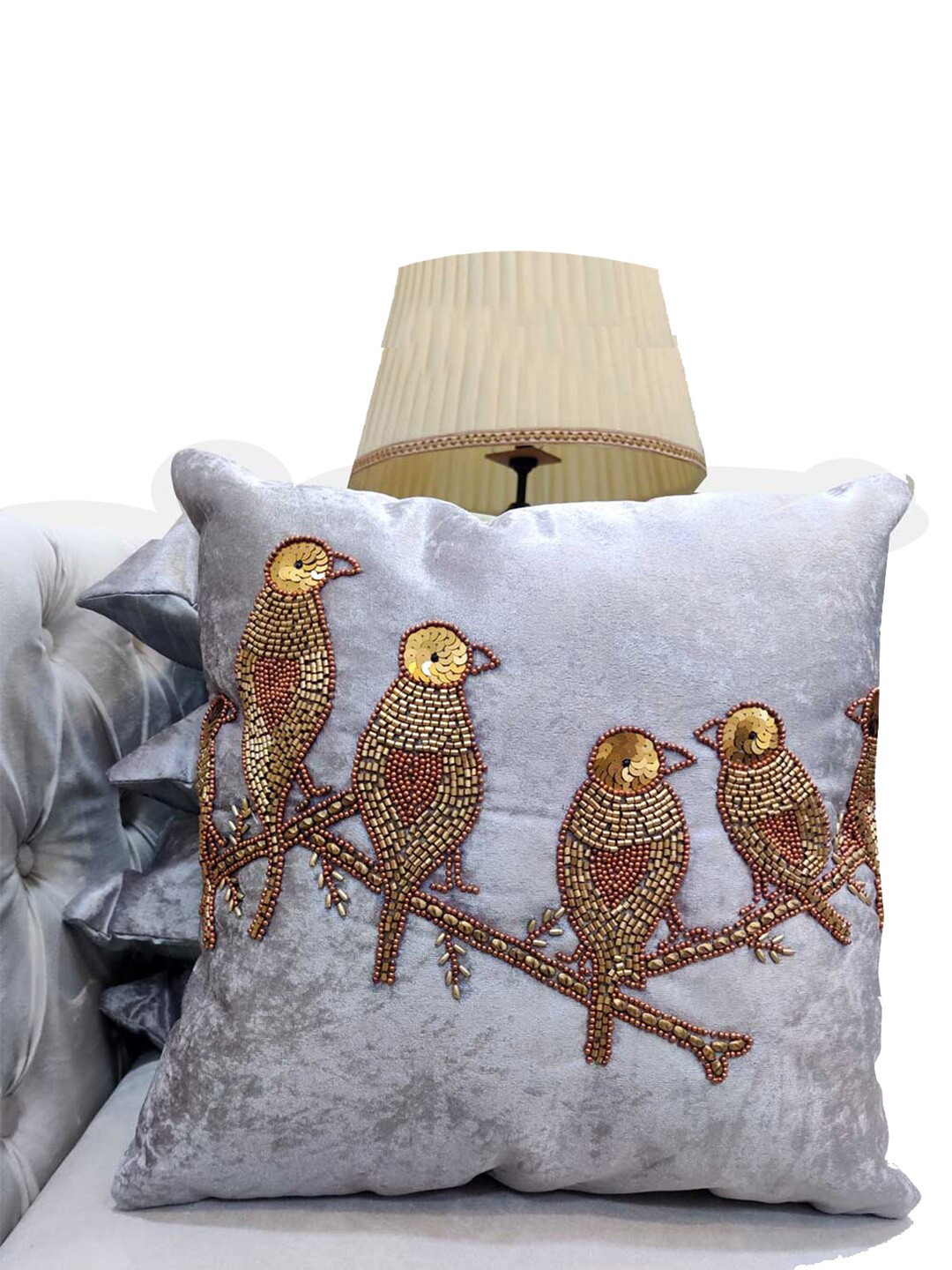 Good Vibes Grey & Gunmetal-Toned 5 Pieces Embellished Velvet Square Cushion Covers