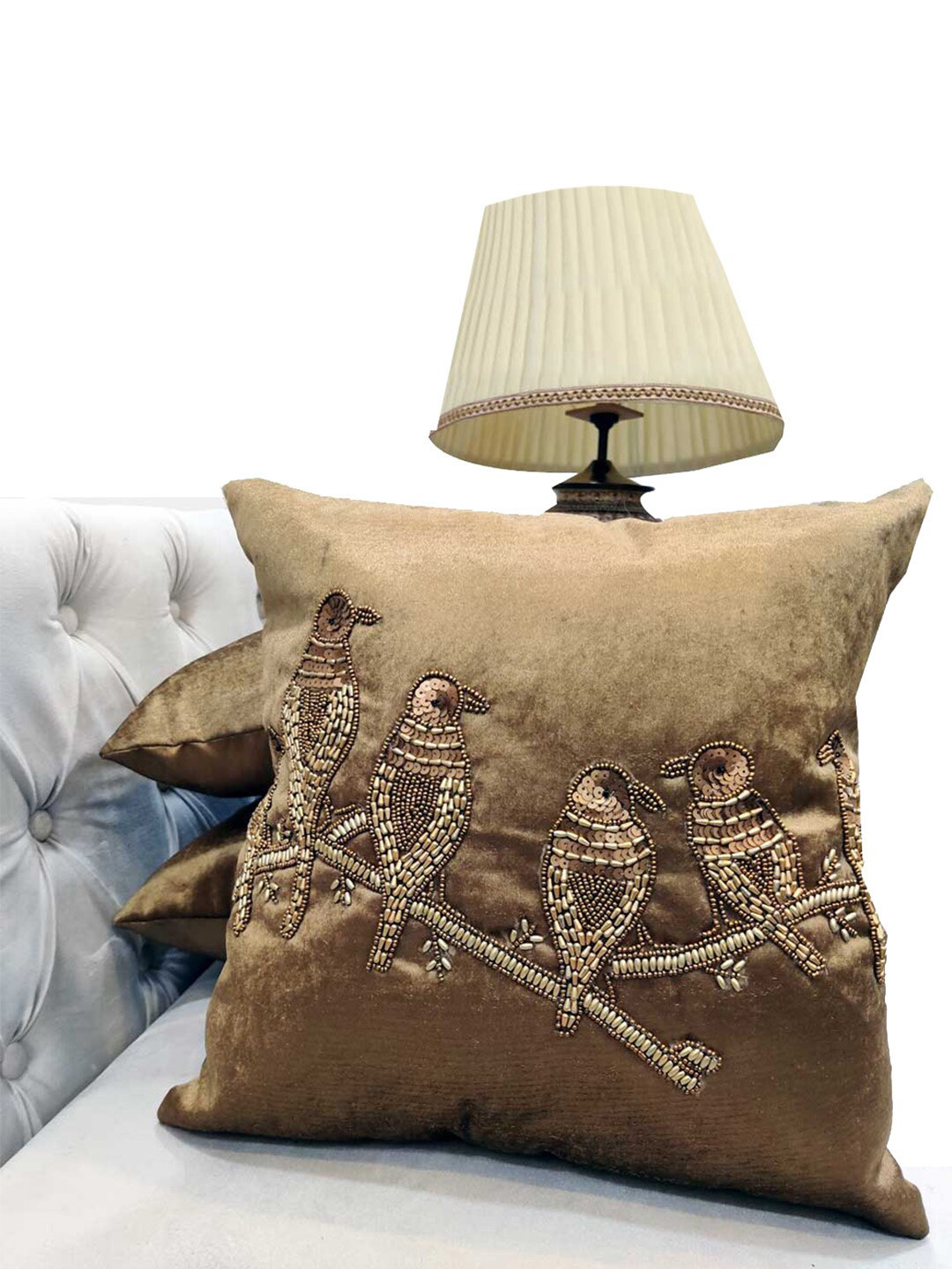 Good Vibes Brown Embellished Velvet Durable 3 Piece Square Cushion Covers - 16 x 16 Inches