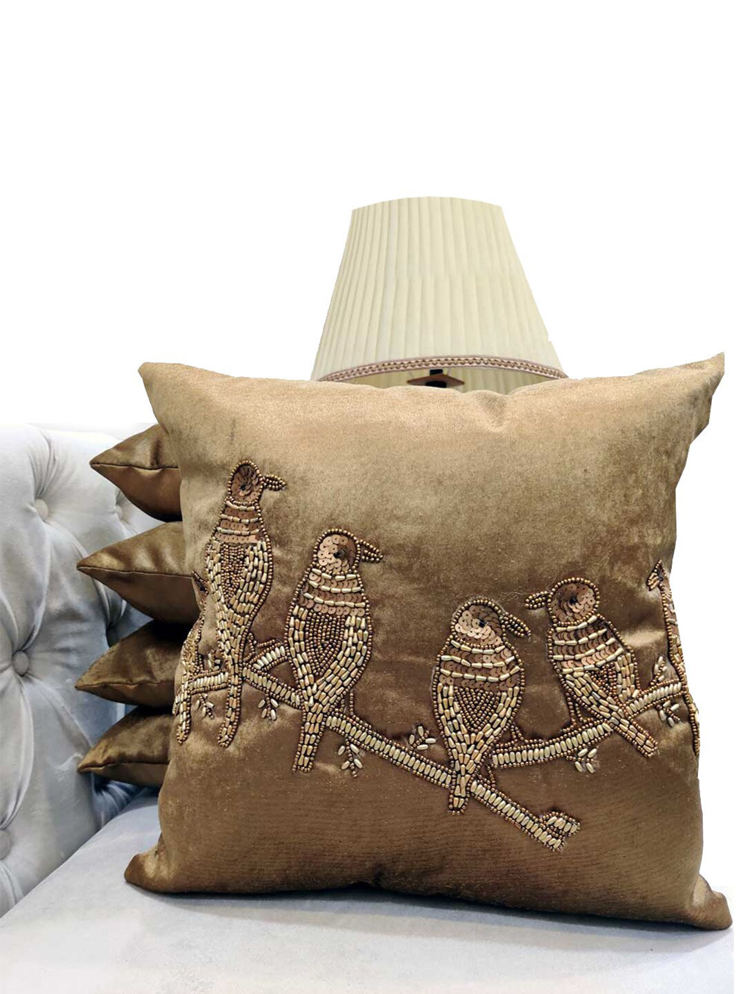 Good Vibes Brown & Gunmetal-Toned 5 Pieces Embellished Velvet Square Cushion Covers