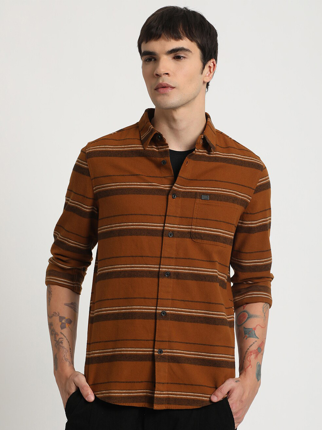THE BEAR HOUSE Horizontal Striped Slim Fit Pure Cotton Shirt