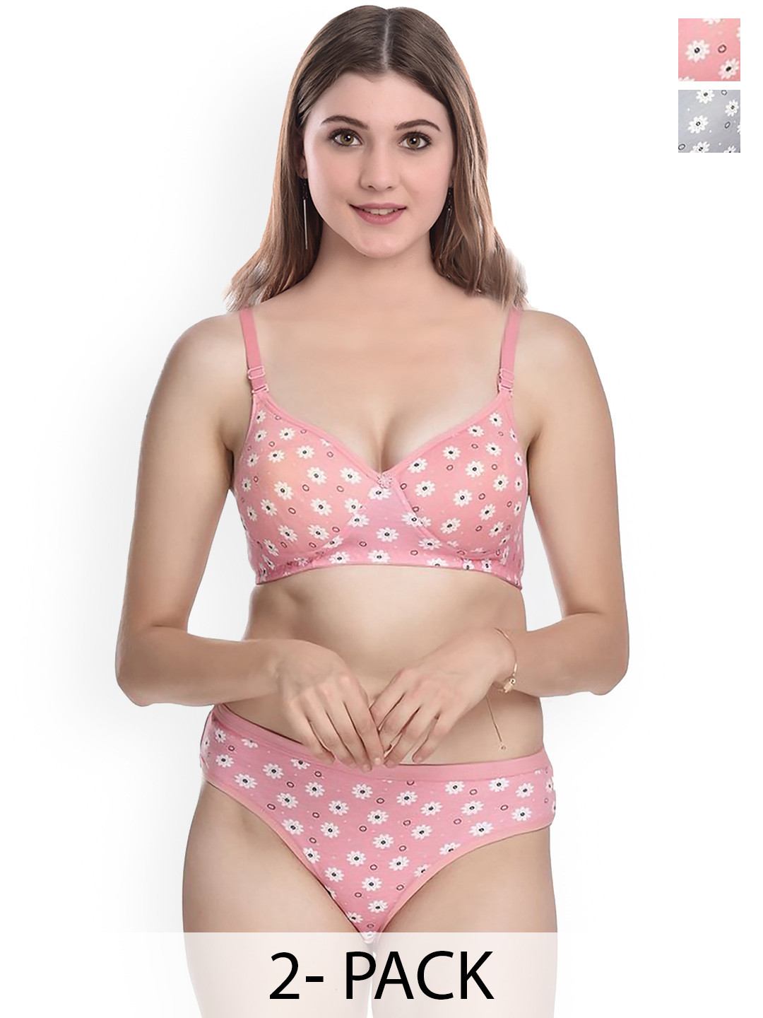 Aamarsh Pack Of 2 Printed Cotton Lingerie Set A_Dina Set_Pink,Grey