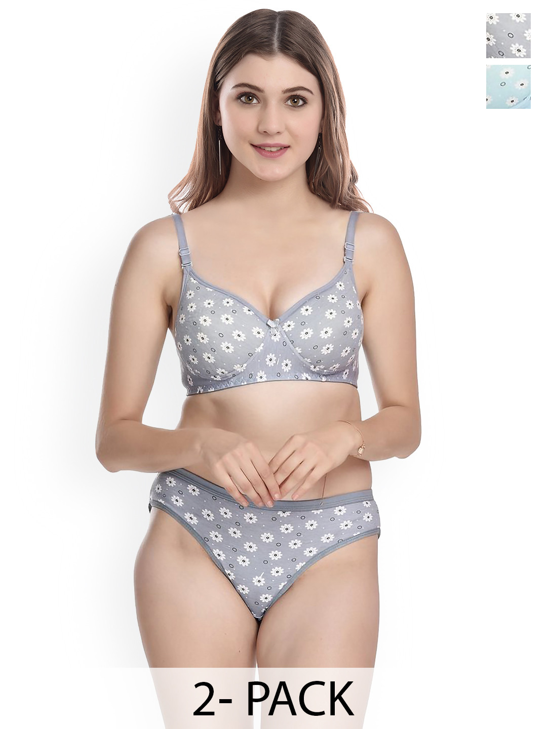 Aamarsh Pack Of 2 Printed Cotton Lingerie Set A_Dina Set_Blue,Grey