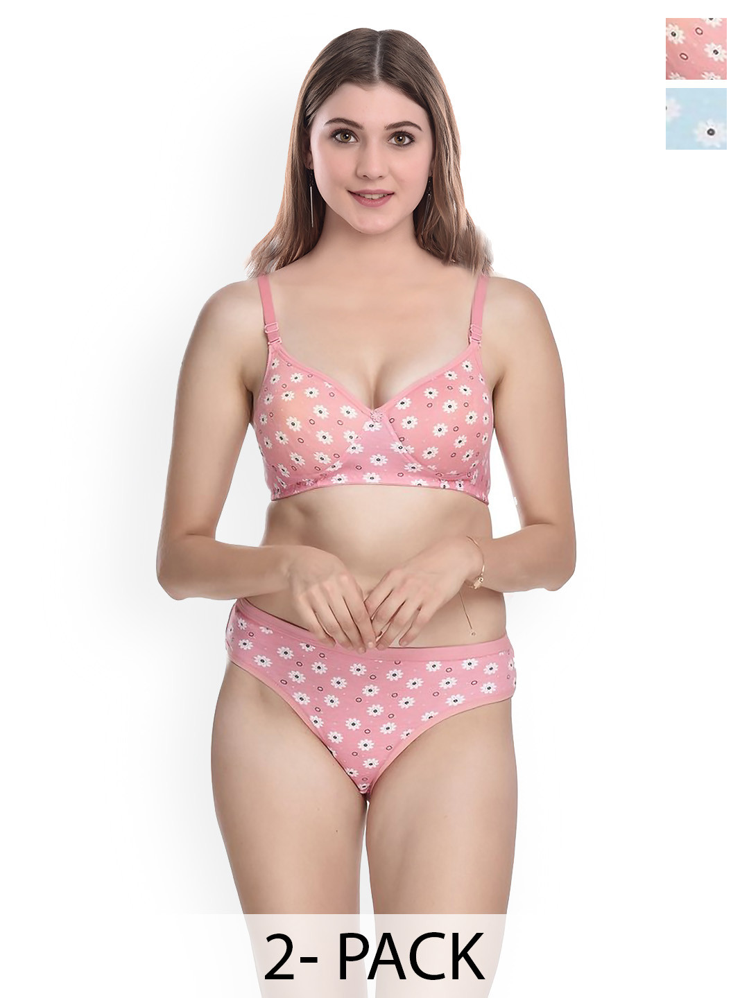 Aamarsh Pack Of 2 Printed Cotton Lingerie Set A_Dina Set_Pink,Blue