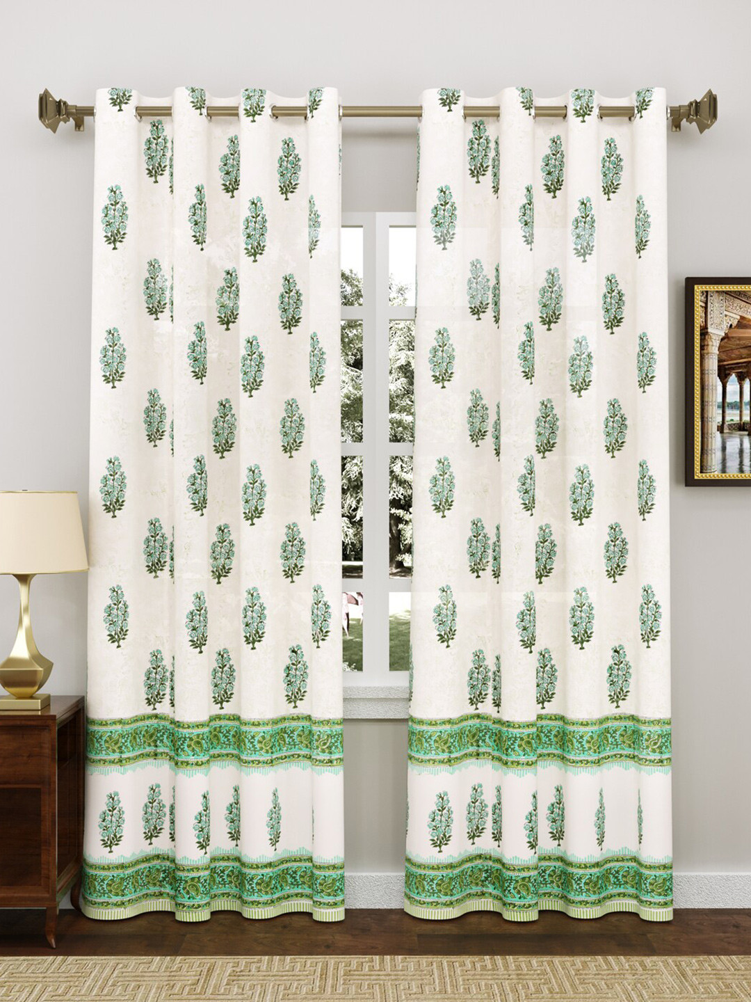 BLOCKS OF INDIA Green & Turquoise Blue 2 Pieces Ethnic Motifs Cotton Door Curtains