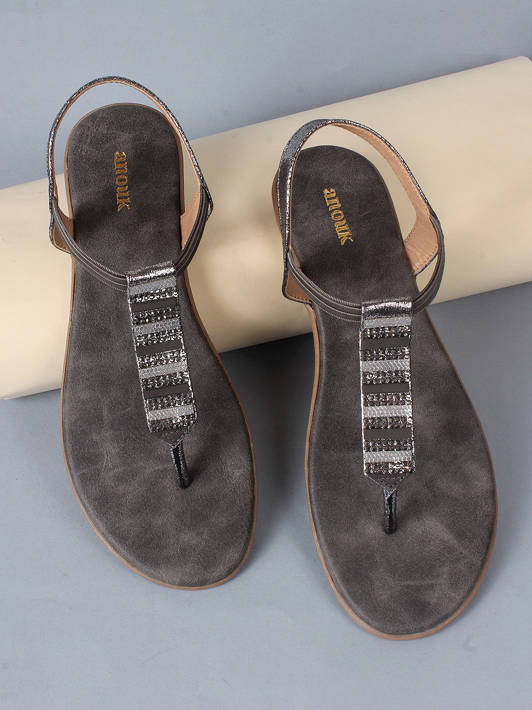 Anouk Black Embellished T-Strap Flats With Backstrap