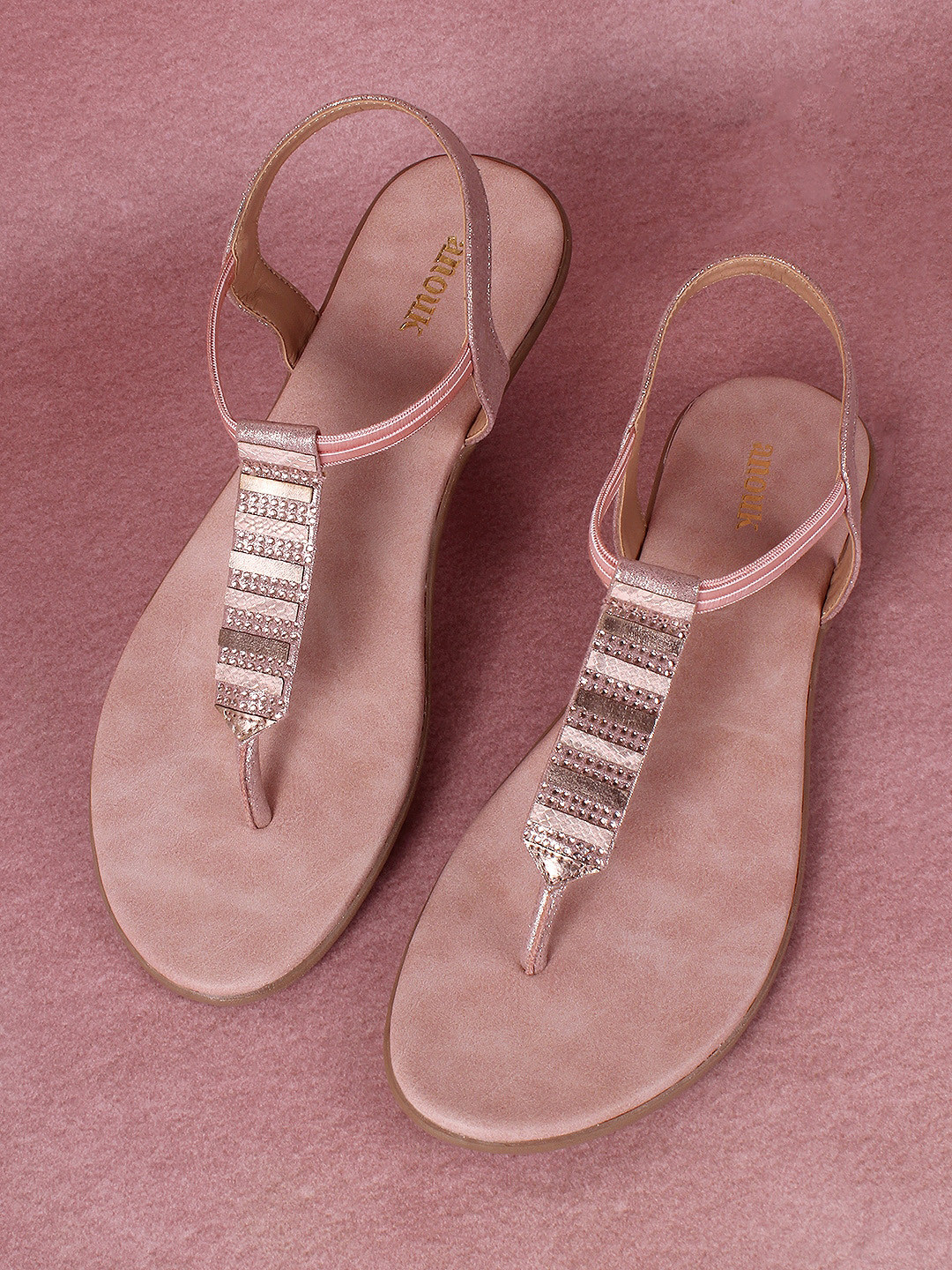 Anouk Nude-Coloured Embellished T-Strap Flats With Backstrap