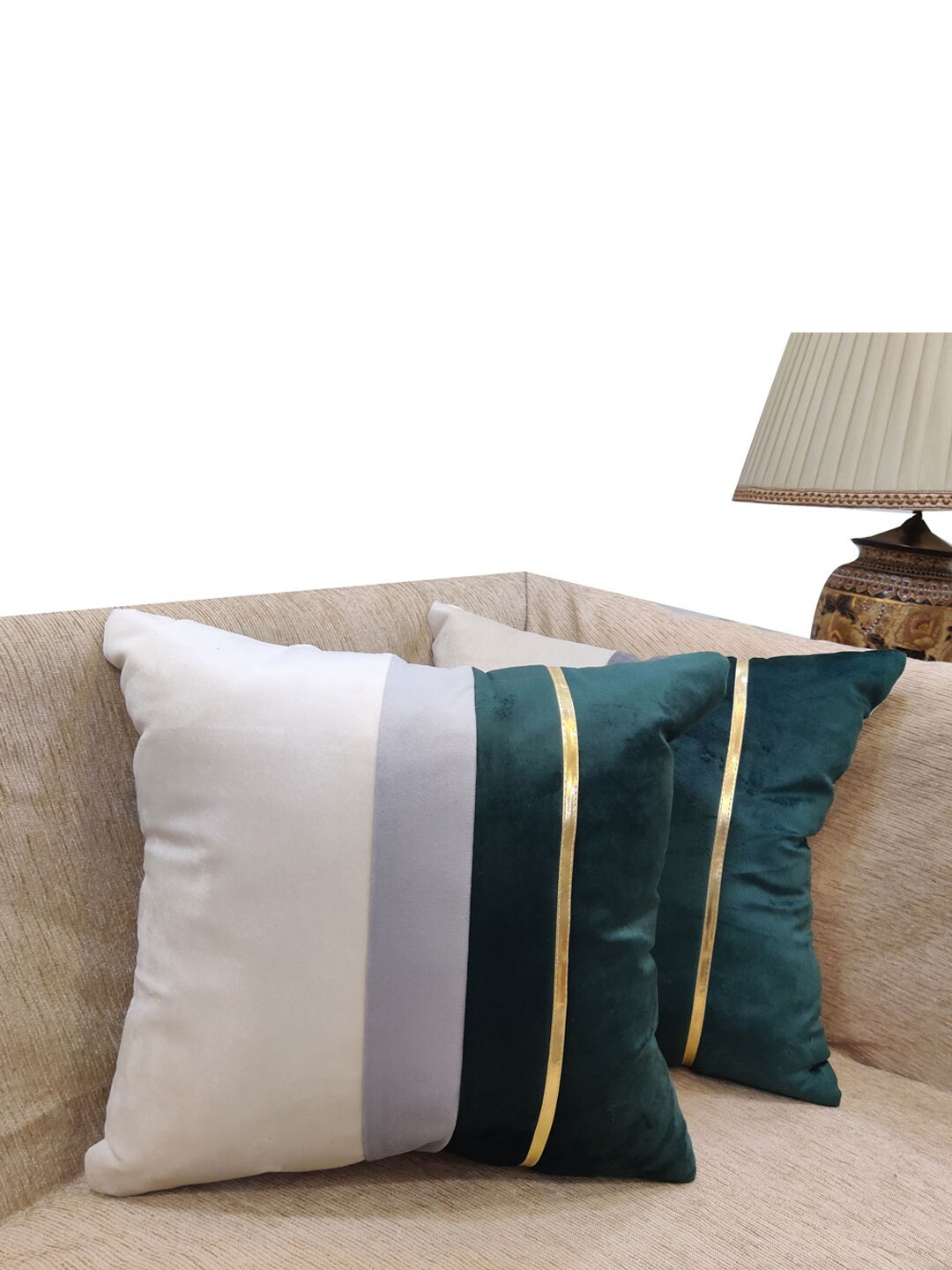 Good Vibes Green & Gold-Toned 2 Pieces Striped Velvet Square Cushion Covers