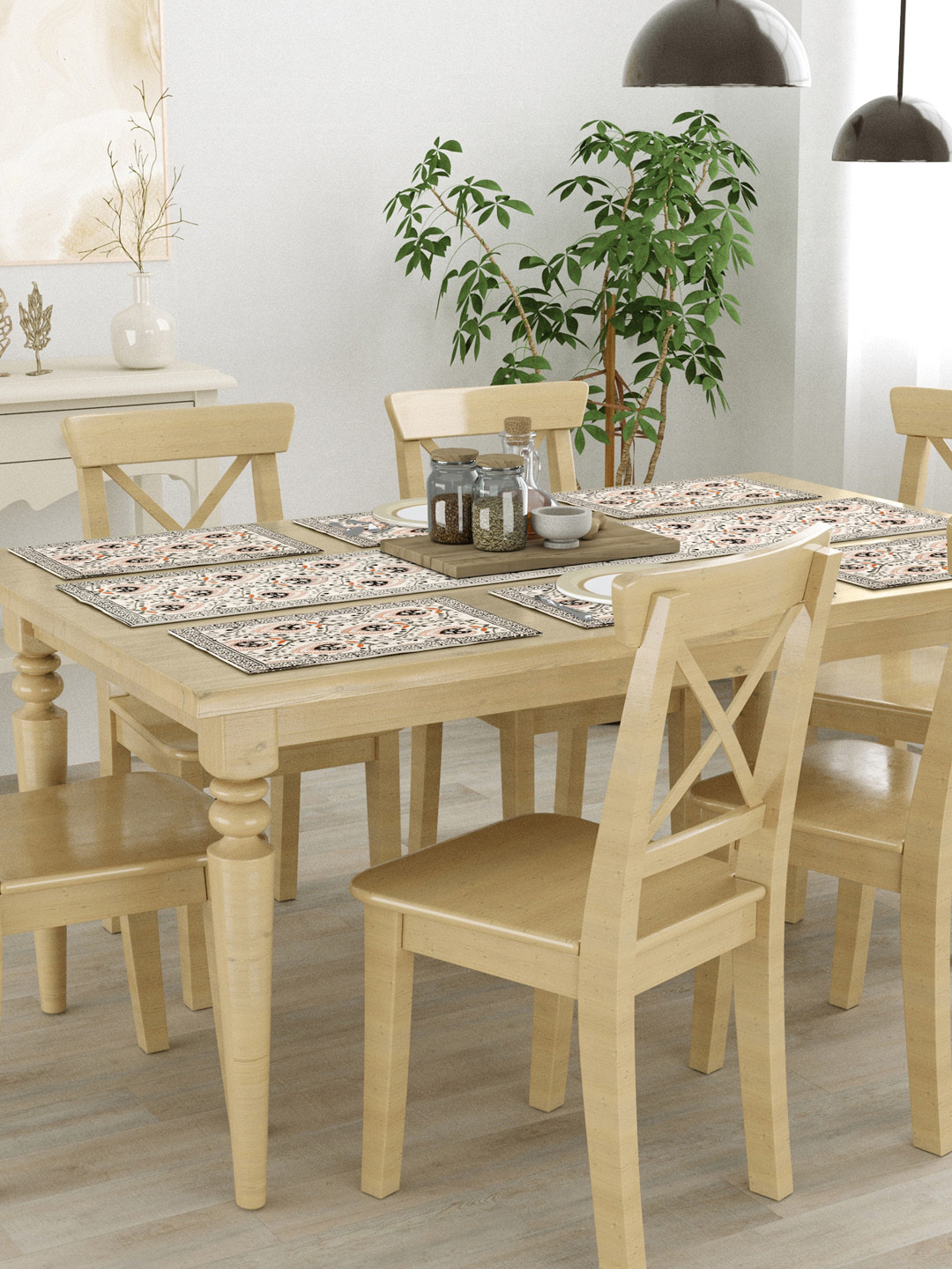 BLOCKS OF INDIA 7 Pcs Beige & Brown Printed Pure Cotton Table Linen Sets