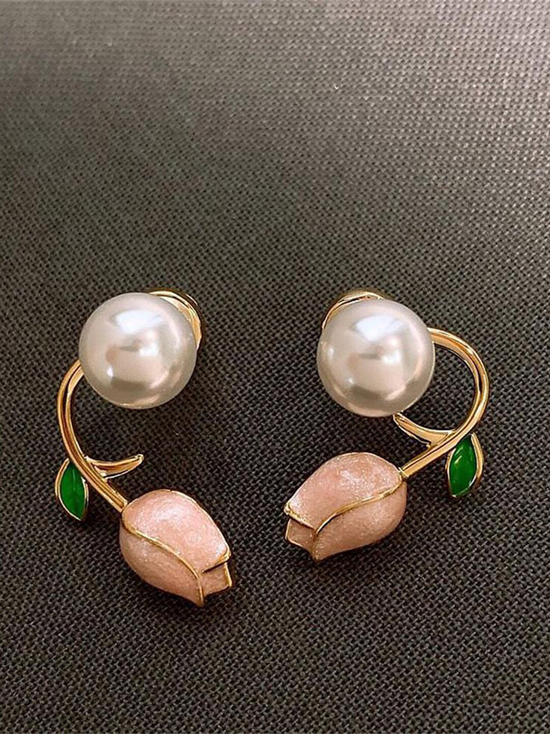 Krelin Gold-Plated Pearl Leaf Shaped Studs Earrings