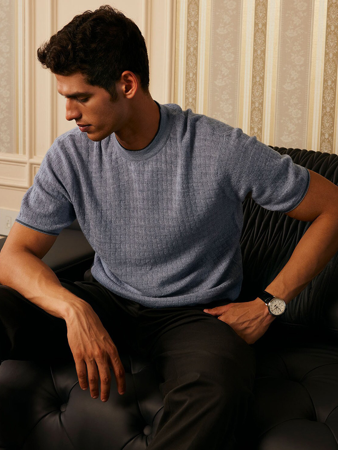 Andamen Men Textured Round Neck Merino Wool T-shirt