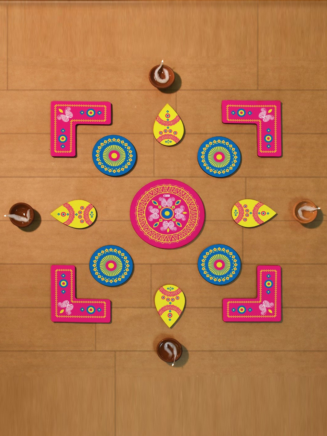 Indigifts Pink & Blue 13 Pieces Resuable Wooden Rangoli Stickers Set