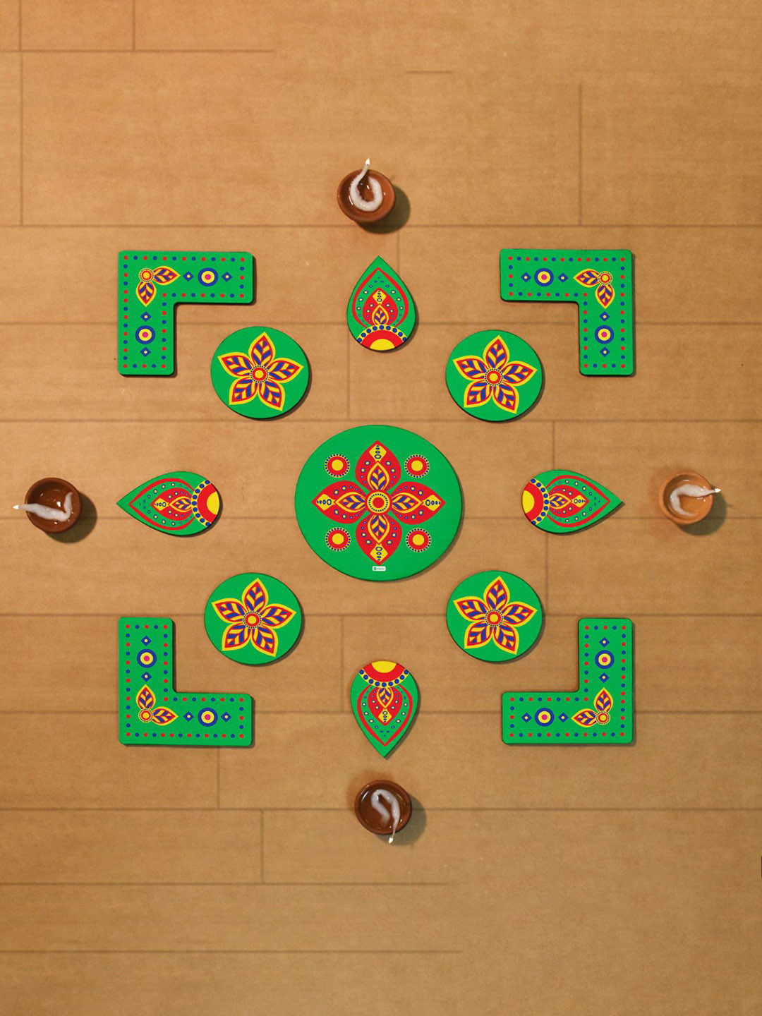 Indigifts Green & Red 13 Pieces Wooden Rangoli Stickers Set