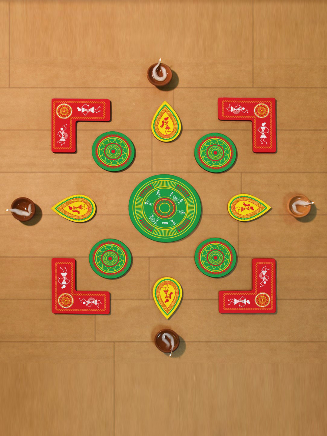 Indigifts Green & Red 13 Pieces Warli Art Mandala Wooden Rangoli Stickers Set