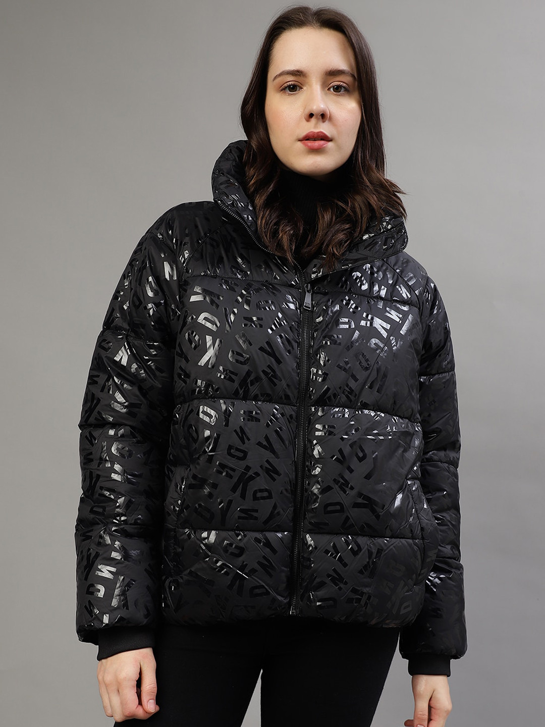 DKNY Typography Printed Mock Collar Puffer Jacket