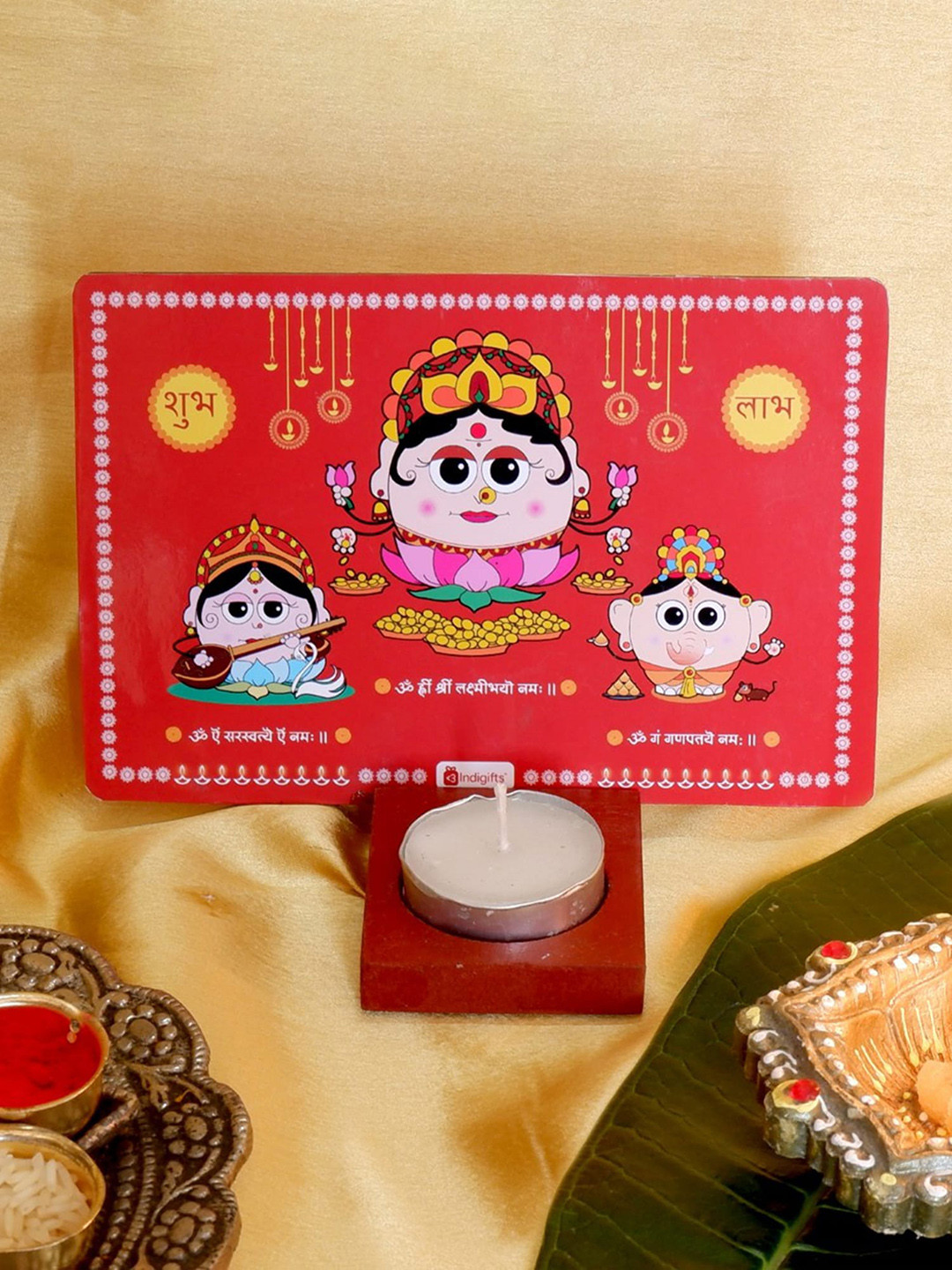 Indigifts Red Laxmi Ganesh Printed Candle Holder