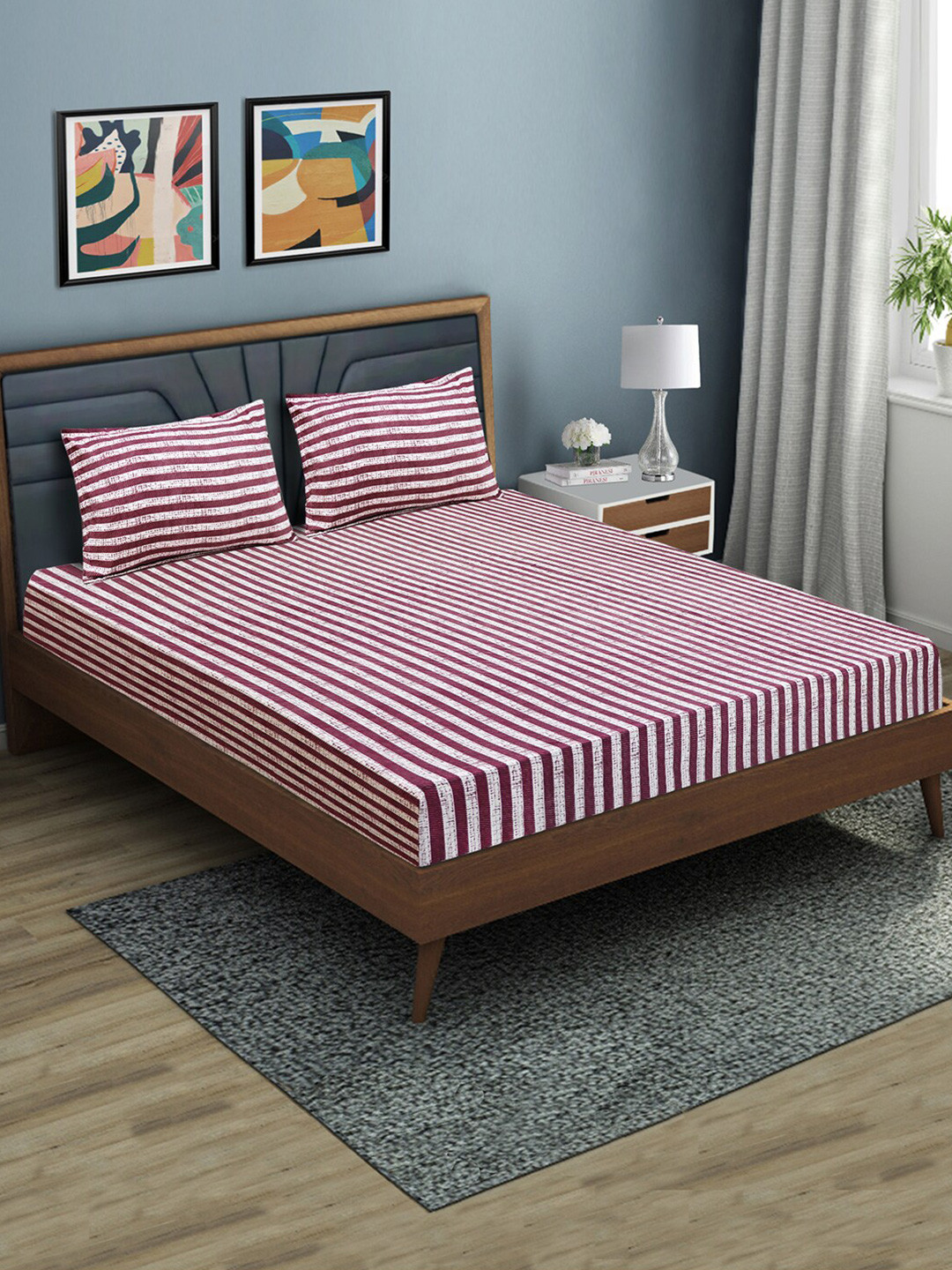 Good Homes by Home Candy Maroon Striped Microfiber 144 TC Queen Bedsheet with 2 Pillow Covers-240 x 220 x 25 cm