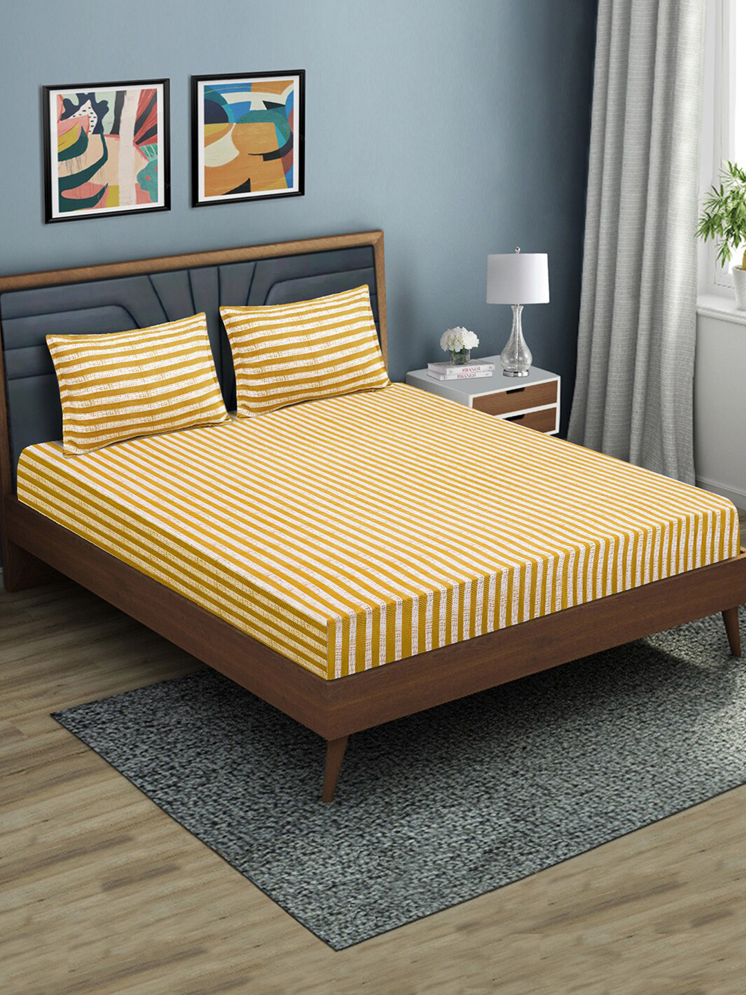 Good Homes by Home Candy Mustard Yellow Striped 144 TC Queen Bedsheet with 2 Pillow Covers