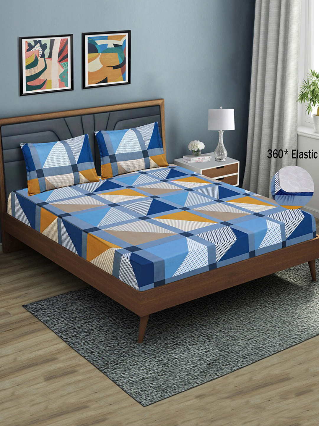 Good Homes by Home Candy White Geometric Microfiber 144 TC Fitted Queen Bedsheet with 2 Pillow Covers-78 x 70 inches