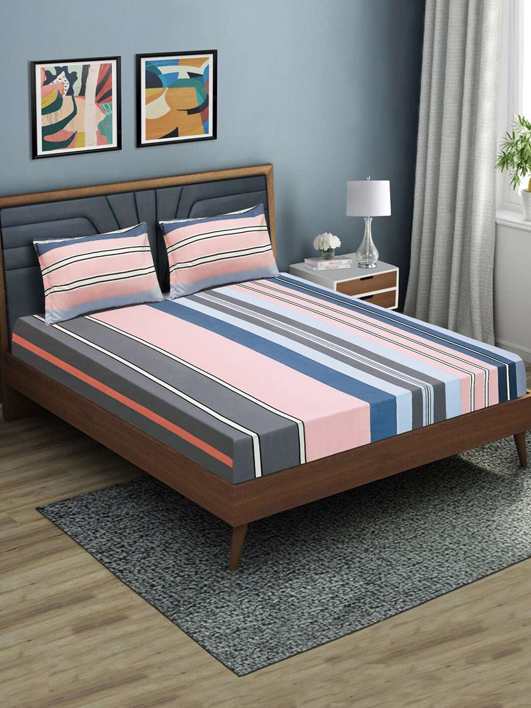 Good Homes by Home Candy Pink Striped Microfiber 144 TC Queen Bedsheet with 2 Pillow Covers-94 x 87 inches