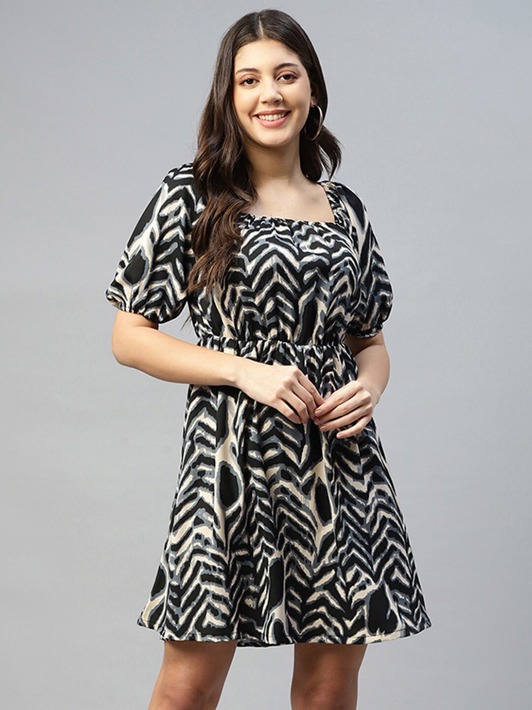 DEEBACO Women Animal Print Square Neck Mini Dress