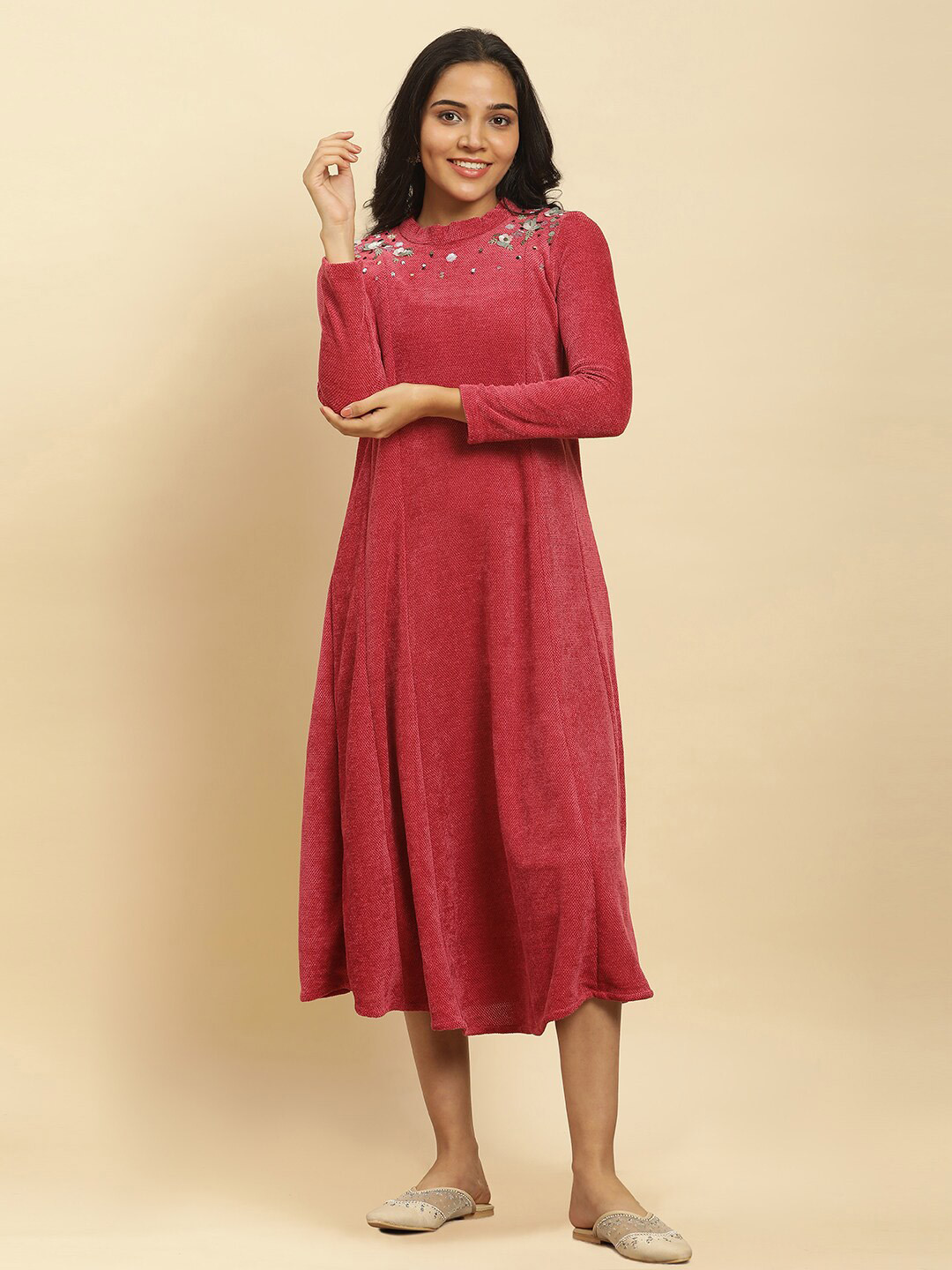 W Red Self Design Embellished Detail A-Line Midi Dress