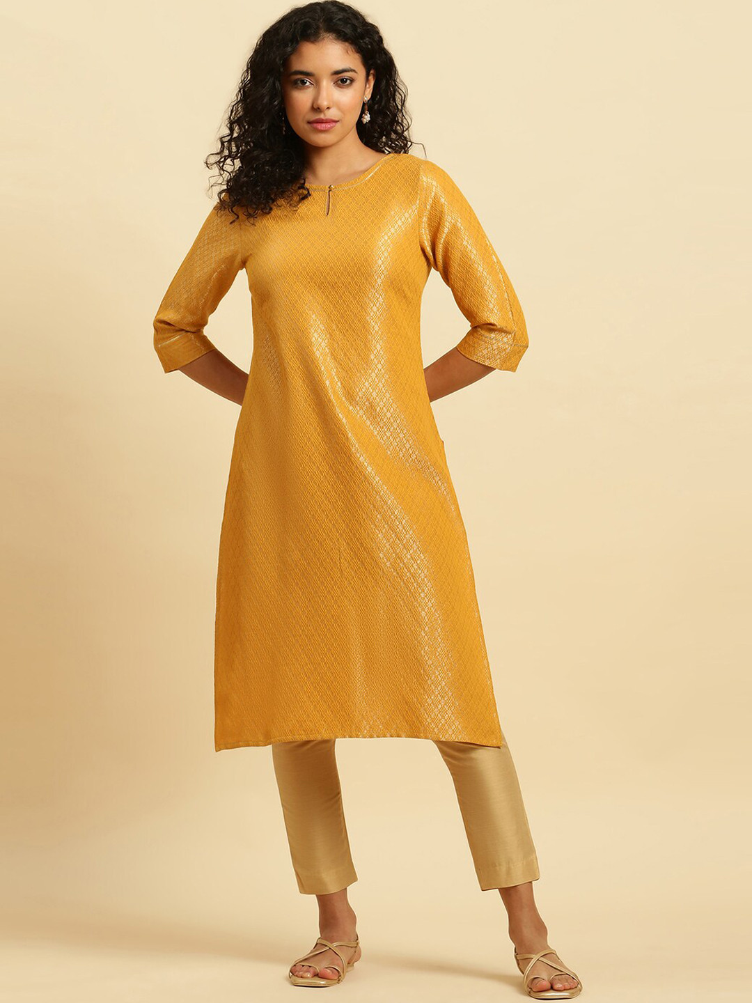 W Yellow Abstract Woven Design Keyhole Neck Zari Straight Kurta
