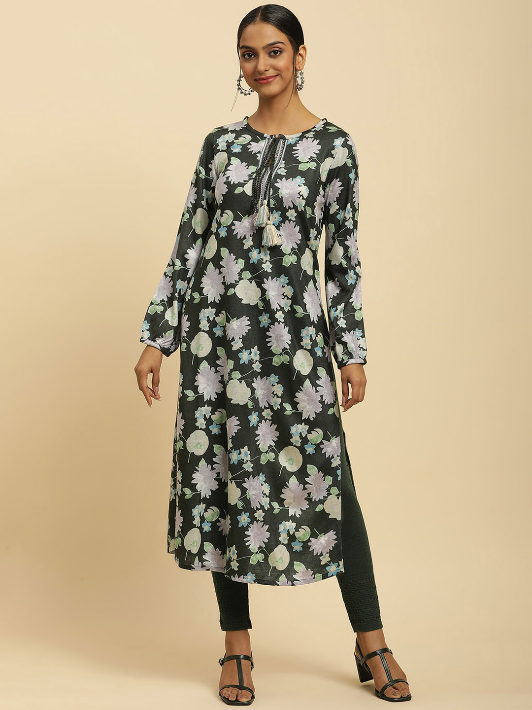 W Floral Printed Tie Up Neck Puffed Sleeves Kurta with Leggings