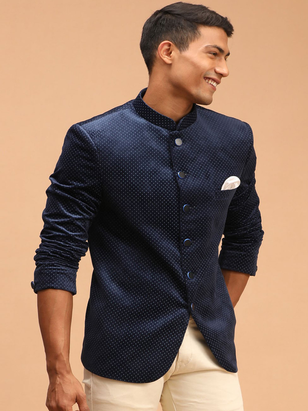 VASTRAMAY Polka Dot Printed Velvet Mandarin Collar Slim Fit Bandhgala Blazers