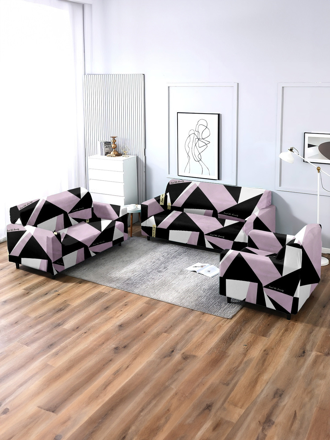 Cortina 3 Pcs Purple & Black Geometric Printed Stretchable Sofa Covers
