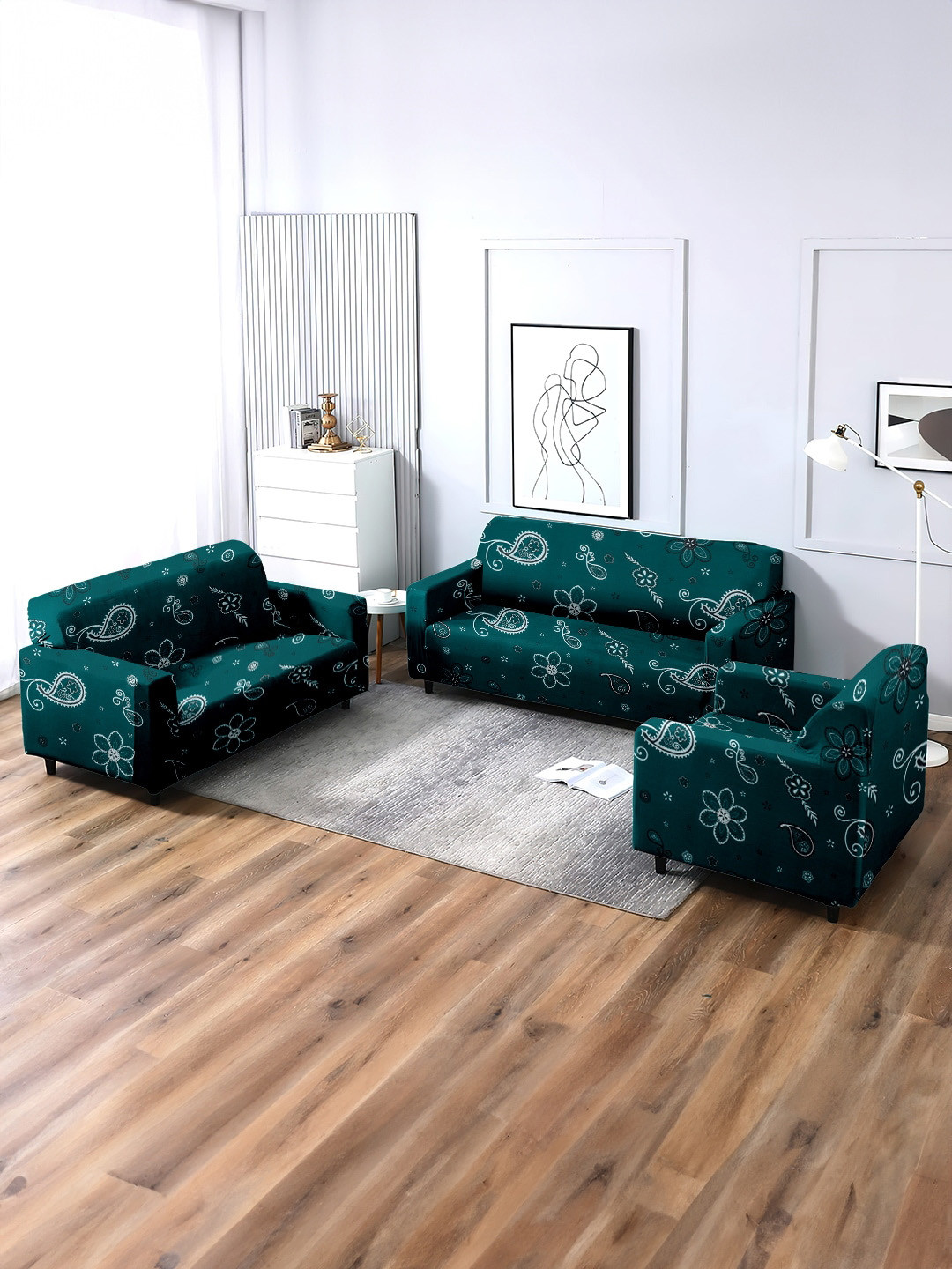 Cortina 3 Pcs Teal Green & White Ethnic Motifs Printed Stretchable Sofa Cover Set